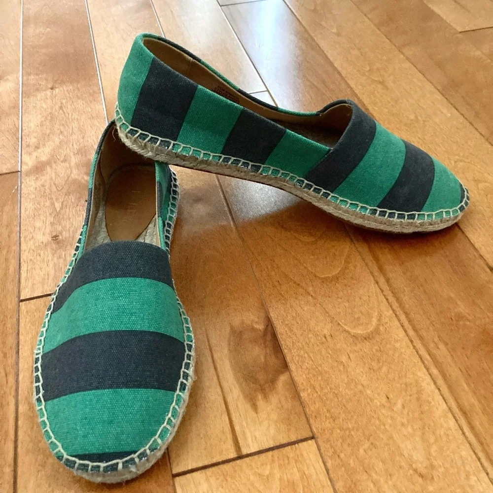 NWOT J.Crew STRIPED CANVAS SLIP-ON ESPADRILLES Green Stripe Size 8.5